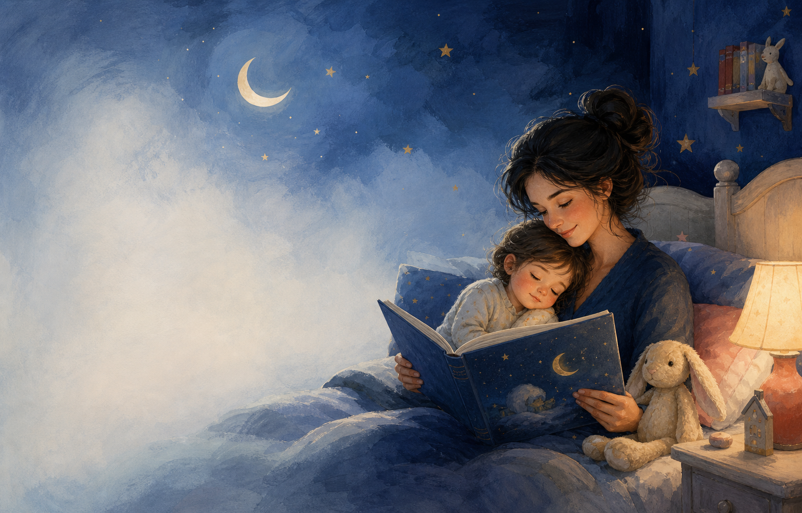 Una mamma legge un libro al suo bambino in una stanza illuminata dalla luna